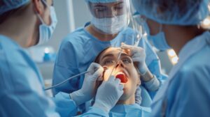 A woman is getting her teeth cleaned by a dentist